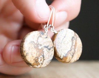 Brown Gemstone Earrings Leverback . Picture Jasper Earrings Dangle . Circle Gemstone Earrings Lever Back 925 Sterling Silver