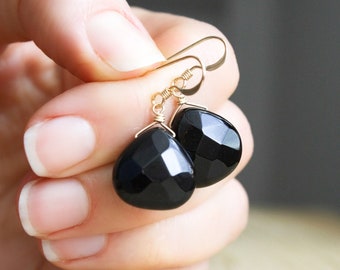 Black Onyx Dangling Earrings in 14k Gold Fill for Strengthening Resolve and Finding Courage