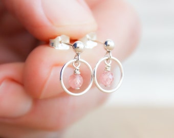 Rhodochrosite Hoop Studs in Sterling Silver for Personal Power and Inner Peace
