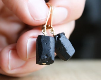 Black Tourmaline Earrings Lever Back . Protection Earrings . Raw Stone Earrings 14k Gold Filled Dangle