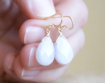 Natural Chalcedony Earrings in 14k Gold Fill for Anxiety Relief and Inner Harmony