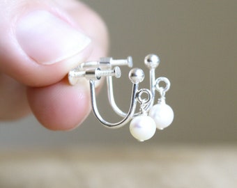 Freshwater Pearl Earrings Clip On . Pearl Clip On Earrings Dangle . Non Pierced Earrings in Sterling Silver