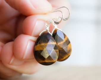 Tigers Eye Earrings Sterling Silver . Natural Stone Earrings Dangle . Gemstone Teardrop Earrings