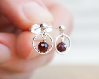 Garnet Hoop Studs in Sterling Silver for Hope and Inner Harmony