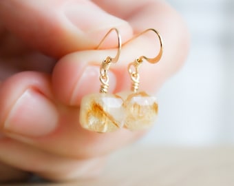Natural Citrine Earrings 14k Gold Fill . Square Gemstone Earrings Dangle . November Birthstone Earrings NEW