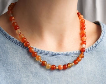 Carnelian Beaded Necklace for Women . Orange Gemstone Bead Necklace . Natural Carnelian Necklace