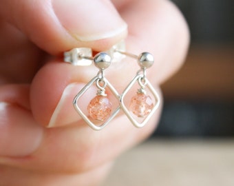 Sunstone Stud Earrings Sterling Silver 925 . Geometric Stud Earrings Dangle . Diamond Shaped Earrings