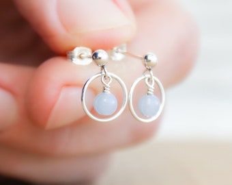 Angelite Hoop Studs in Sterling Silver for Heightened Awareness and Peace