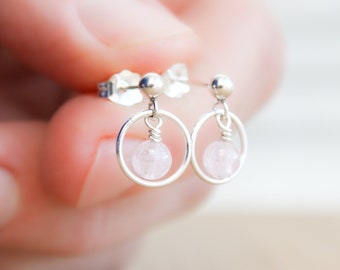 Morganite Stud Earrings . Pink Stone Stud Earrings Dangle . Hoop Stud Earrings in Sterling Silver