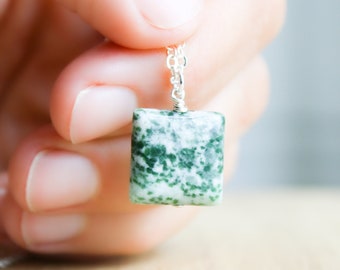 Tree Agate Necklace Pendant . Green Agate Necklace in Sterling Silver . Natural Gemstone Necklace for Women