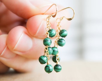 Malachite Cluster Earrings in 14k Gold Fill for Insight and Intuition