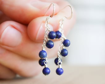 Lapis Lazuli Earrings Sterling Silver . Blue Cluster Earrings Gemstones . Blue Lapis Earrings Dangle