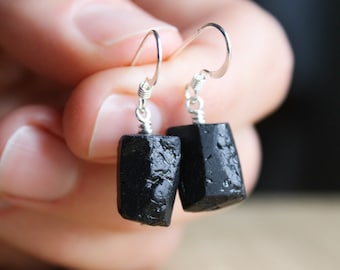 Raw Black Tourmaline Earrings in 925 Sterling Silver for Protection and Security