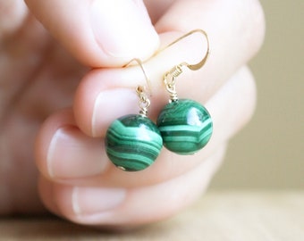 Malachite Earrings in 14k Gold Fill for Negative Energy Protection