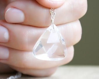 Triangle Crystal Necklace Silver . Clear Quartz Necklace Pendant . Healing Crystal Necklace for Women