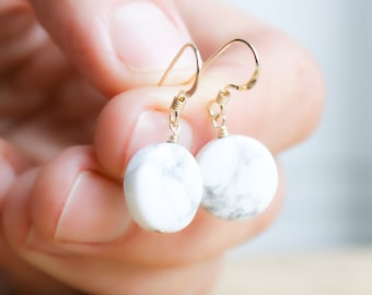 White Howlite Earrings in 14k Gold Fill . White Gemstone Earrings . Round Stone Earrings Dangle