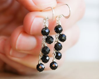 Black Tourmaline Earrings Dangle . Gemstone Cluster Earrings . Black Gemstone Earrings in Sterling Silver NEW