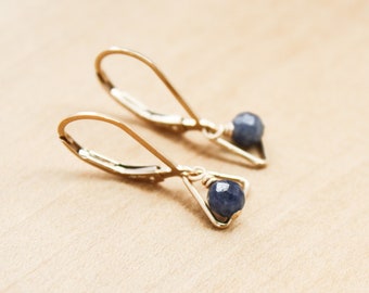 Sapphire Leverback Earrings . Blue Sapphire Lever Back Earrings Dangle . Natural Gemstone Triangle Earrings in 14k Gold Fill