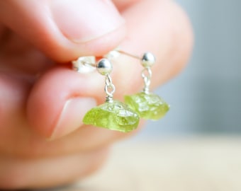 Raw Peridot Stud Earrings Dangle . Rough Gemstone Stud Earrings . August Birthstone Earrings in Sterling Silver