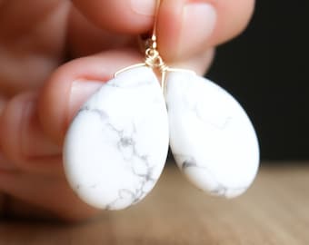 White Howlite Earrings in 14k Gold Fill for Anxiety Relief and Ambition