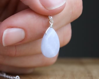 Blue Chalcedony Necklace in 925 Sterling Silver for Harmony and Calm