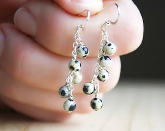 Dalmatian Jasper Earrings Dangle . Natural Gemstone Cluster Earrings in Sterling Silver