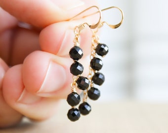 Black Tourmaline Earrings Dangle . Long Black Earrings Dangle . Tourmaline Cluster Earrings in 14k Gold Fill