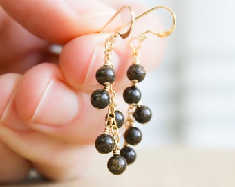 Brown Stone Earrings Dangle . Bronzite Earrings . Natural Gemstone Earrings in 14k Gold Fill