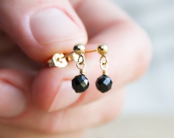 Black Tourmaline Stud Earrings Gold . Small Stone Stud Earrings for Protection . Black Gemstone Studs Dangle