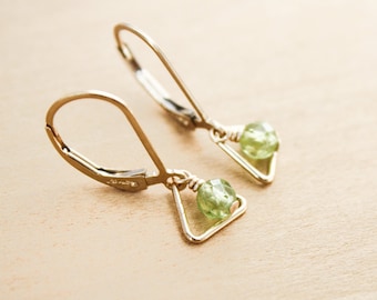 Dainty Peridot Earrings Hoop . Geometric Earrings Gold . Lever Back Triangle Earrings