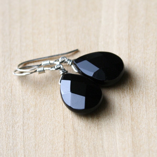 Black Onyx Teardrop Earrings: Sterling Silver Dangle Gemstone
