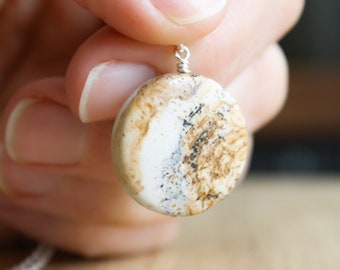 Picture Jasper Necklace for Women . Grounding Necklace . Circle Round Stone Necklace Pendant