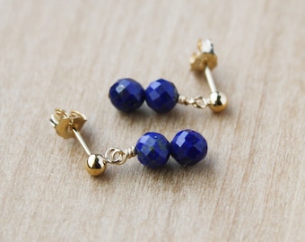 Lapis Lazuli Stud Earrings in 14k Gold Fill . Faceted Gemstone Stud Earrings Dangle . Blue Stone Studs