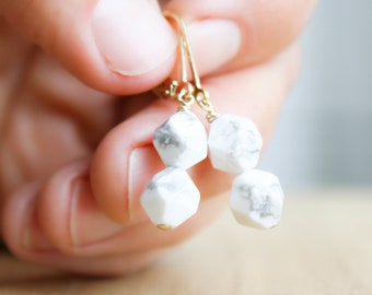 White Howlite Lever Back Earrings in 14k Gold Fill for Mental Calm