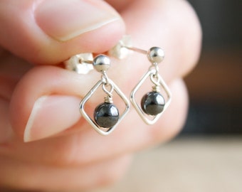 Hematite Diamond Studs for Anxiety Relief and Dissolving Negativity