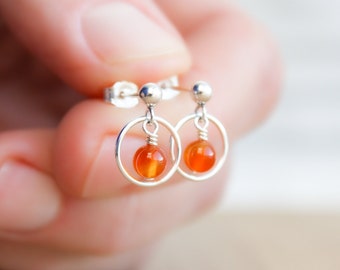 Carnelian Stud Earrings . Hoop Stud Earrings Dangle . Orange Gemstone Stud Earrings in Sterling Silver