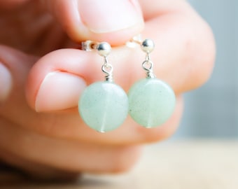 Green Aventurine Earrings Stud Dangle . Round Gemstone Earrings . Green Stone Stud Earrings in Sterling Silver 925