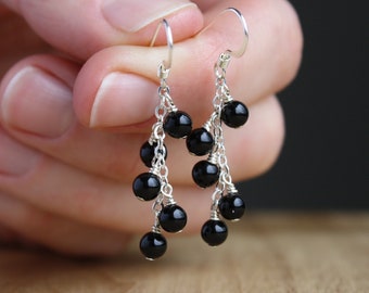 Black Onyx Earrings Dangle . Natural Gemstone Cluster Earrings in Sterling Silver