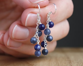 Dark Blue Earrings Dangle . Sodalite Earrings Sterling Silver 925 . Gemstone Cluster Earrings for Women