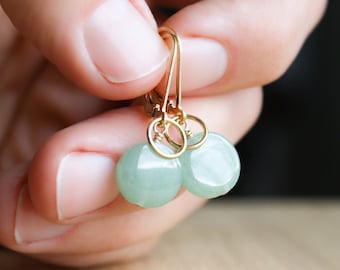 Green Aventurine Earrings Gold Lever Back . Green Stone Earrings Leverback . Circle Earrings with Gemstone