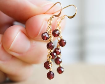 Garnet Cluster Earrings . Garnet Earrings Gold . Garnet Dangle Earrings in 14k Gold Fill