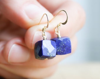 Lapis Lazuli Earrings 14k Gold Fill . Square Stone Earrings . Cube Earrings . Blue Gemstone Earrings for Women
