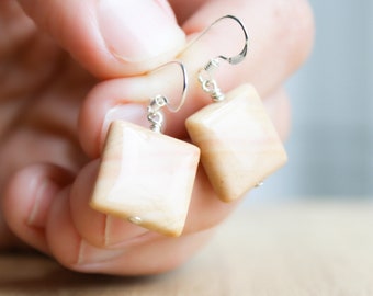 Natural Gemstone Earrings Dangle . Square Stone Earrings . Rainbow Onyx Earrings in Sterling Silver