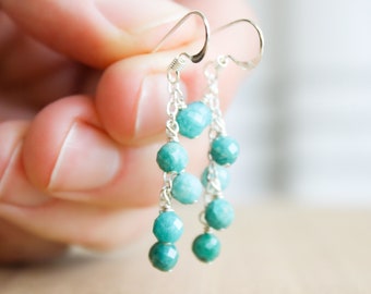 Amazonite Earrings Sterling Silver . Natural Gemstone Cluster Earrings . Dainty Gemstone Earrings Dangle