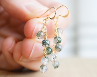 Moss Agate Earrings Gold . Moss Agate Dangle Earrings for Women . Dainty Gemstone Cluster Earrings in 14k Gold Fill NEW