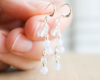 Blue Lace Agate Earrings Dangle . Dainty Gemstone Earrings . Cluster Earrings in Sterling Silver