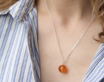 Natural Carnelian Necklace . Carnelian Crystal Necklace . Round Stone Necklace in Sterling Silver