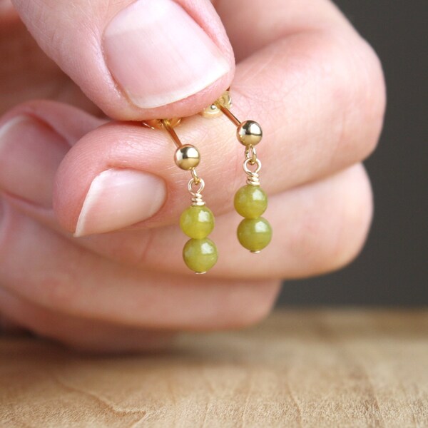 Green Jade Stud Earrings Gold . Gold Jade Earrings Dangle . Natural Stone Stud Earrings 14k Gold Filled