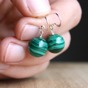 Sterling Silver Dangle Malachite Earrings: Natural Green Gemstone