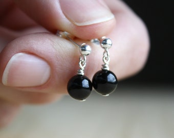 Black Onyx Stud Earrings 925 Sterling Silver . Black Stone Studs Dangle . Protection Earrings Stud